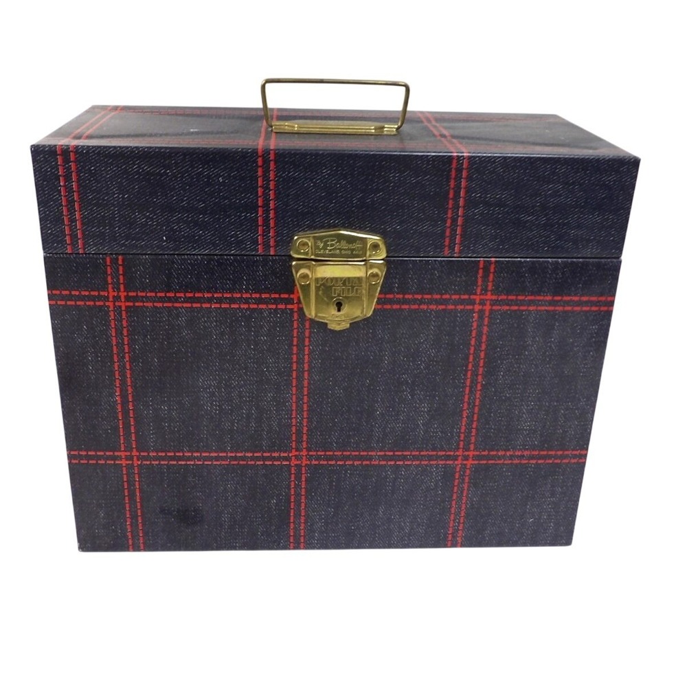 Vintage Ballonoff Porta-File Metal Box Denim Print Red Plaid Locking Key Blue